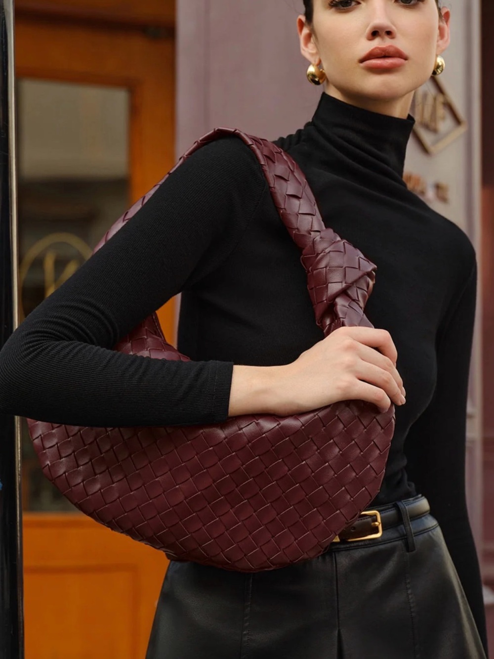 Woven Hobo Bag in Deep Wine - Designer-Style Women’s Shoulder Bag